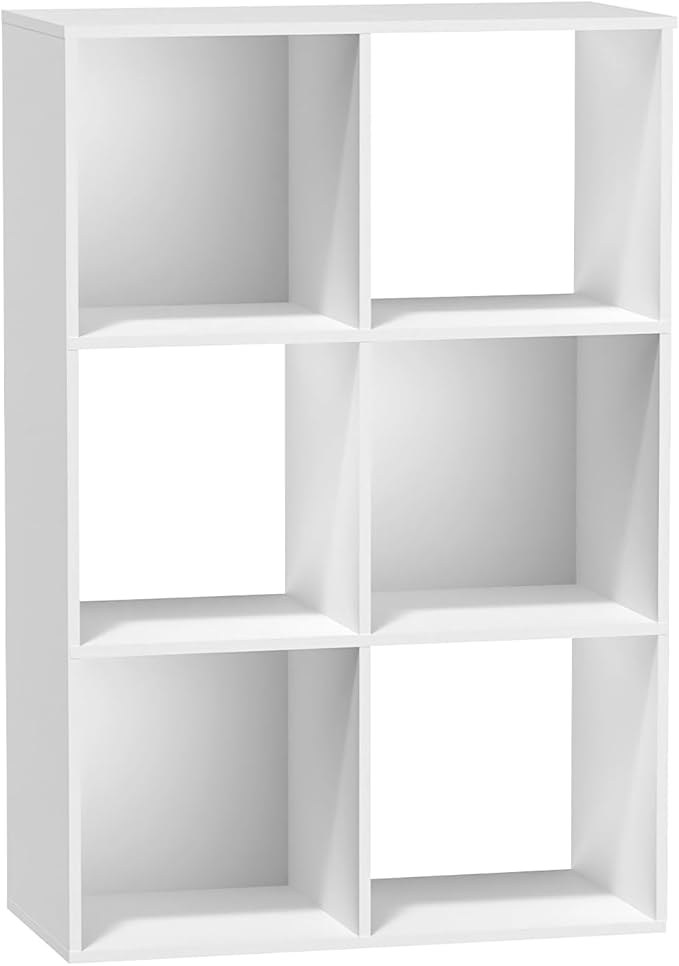 6 Cube Storage Organizer, Open Bookshelf Storage Cubes Shelf with Back Panel, Wooden Display Shelf Bookcase Standing Shelves for Living Room, Bedroom, Home Office (White, 6-Cube)