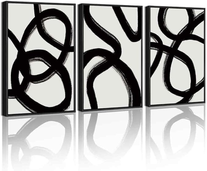 KUVIOKE Black and Grey Abstract Framed Wall Art Ink Wash Minimalist Lines Painting Artwork for Bedroom Hallway 12x16in (Black Framed)
