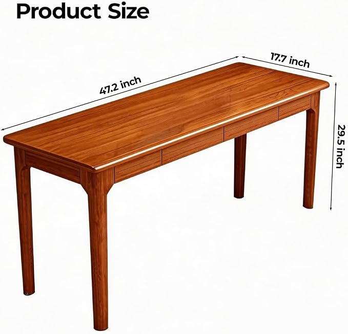 100% Solid Wood Desk, Rubberwood Office Desk with Drawers, Mid Century Modern Desk Table, Narrow Desk for Bedroom, Living Room & Office, Walnut Color,47.2 inch