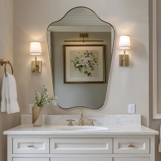 ANDY STAR 24x36 Gold Mirror, Brushed Brass Scalloped Mirror with Curved Design, Irregular Wall Mirror for Bathroom, Vanity, Powder Room, Stainless Steel Frame, Anti-Rust