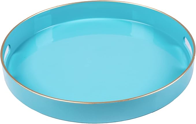 MAONAME 13-inch Light Blue Round Tray, Modern Decorative Tray for Coffee Table, Blue Serving Tray with Handles, Plastic Circle Tray for Ottoman, Bathroom, Decor