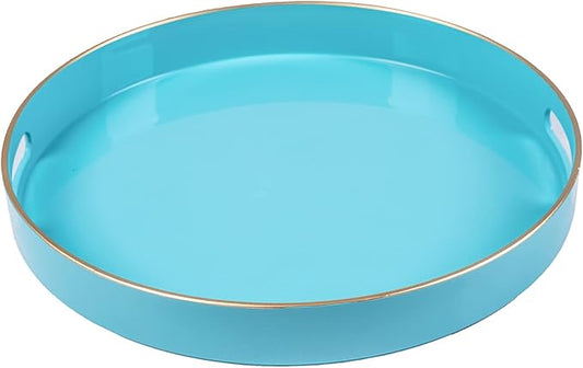 MAONAME 13-inch Light Blue Round Tray, Modern Decorative Tray for Coffee Table, Blue Serving Tray with Handles, Plastic Circle Tray for Ottoman, Bathroom, Decor