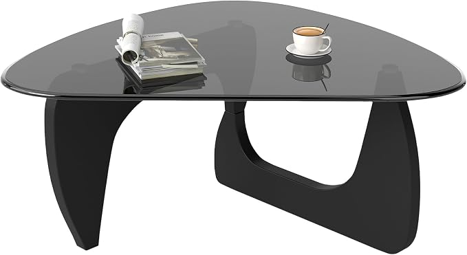 Modern Glass Coffee Table, Triangle Center Table with Tempered Glass Top& Unique Wooden Base, 42.5” Mid Century Tea Tables for Living Room, Apartment, Office,Black & Grey