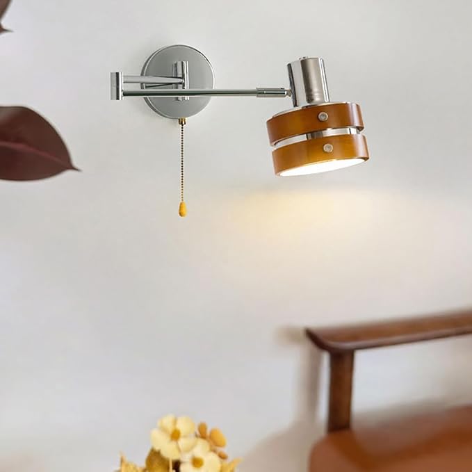 Industrial Retro Swing Arm Wall Lamp - Adjustable 1-Light Sconce with Pull On/Off Switch, Silver & Wood Finish, Perfect for Bedroom Reading Home Lighting Decor