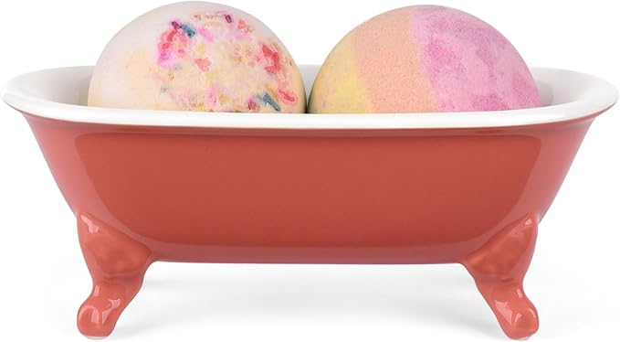 6.5" Ceramic Mini Decorative Clawfoot Bathtub Bar Soap Dish, Kitchen Sponge Holder and Shower Tray for Bathroom, 1 Pack(Coral)