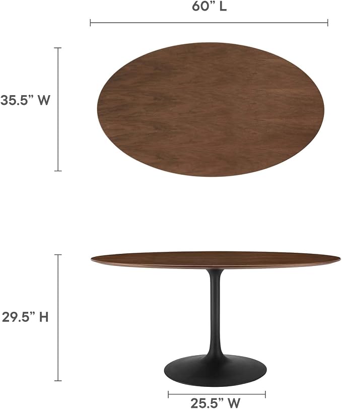 Modway Lippa 60" Oval-Shaped Mid-Century Modern Dining Table with Walnut Top and Black Base