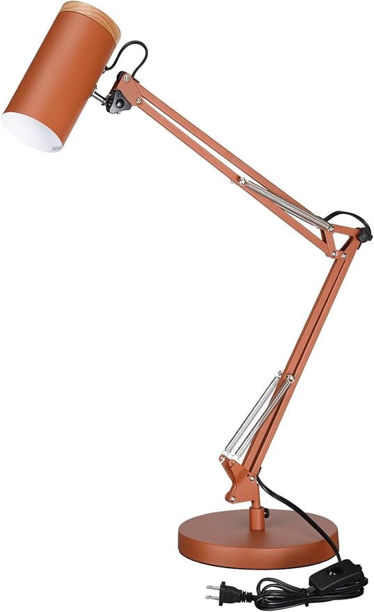 TORCHSTAR Tall Swing Arm Desk Lamp with Wooden Accent, Adjustable Large Size Max Height 31", E26 Base Metal Task Lamp, Office Desktop Lamp with On/Off Switch, for Reading, Study, Workbench, Orange