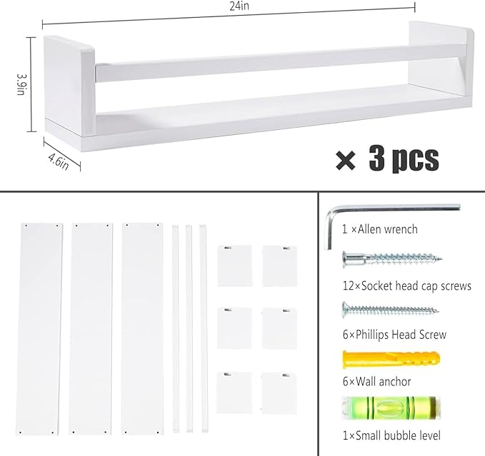 AZSKY Nursery Bookshelves White, 24 Inch Floating Bookshelves for Wall Set of 3, Baby Kids Room Decor, Solid Wood Wall Mounted Shelves for Books Storage