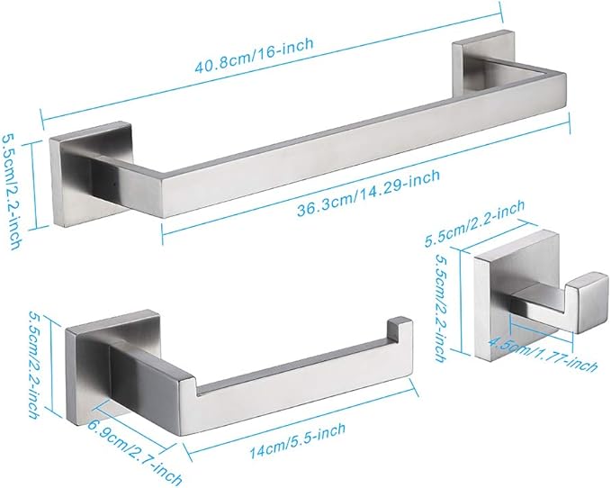 TASTOS 3-Piece Bathroom Hardware Set Brushed Nickel Wall Mounted Bathroom Accessory Set, Premium Stainless Steel Robe Hook Toilet Paper Holder 16-Inch Towel Bar (Silver)