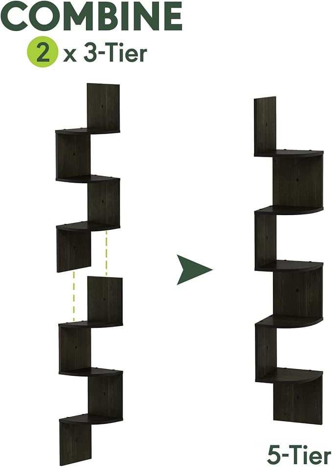 Furinno Rossi Wall Mount Floating Corner Shelf, 3-Tier Radial Set of 2, Espresso