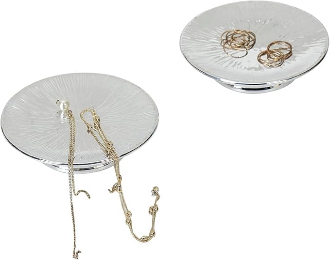 Metallic Silver Ceramic Candle Plate and Jewelry Dish Set of 2, 5" Diameter