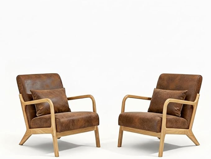 Set of 2 Mid Century Modern Lounge Chair with Wooden Frame & Gold-Embossed Upholstery, Vintage-Inspired Accent Chair with Pillow, Modern Living Room Chair for Stylish Home Interiors