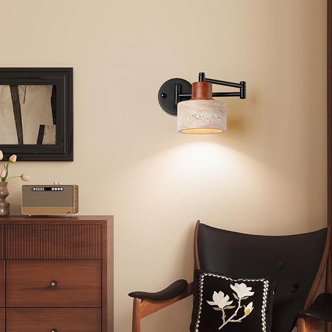 American Retro E27 Wall Sconce - Natural Yellow Travertine Swing Arm Lamp for Bedroom, Living Room, Study, and More