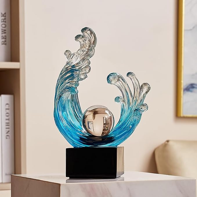 Modern Abstract Decorative Style Statue, Blue Abstract Art Home Decor,Crystal Circular Art Wave Resin Sculpture, Office Desk Stand, Dining Table Center Decorative Aesthetics (A,Light-Blue)