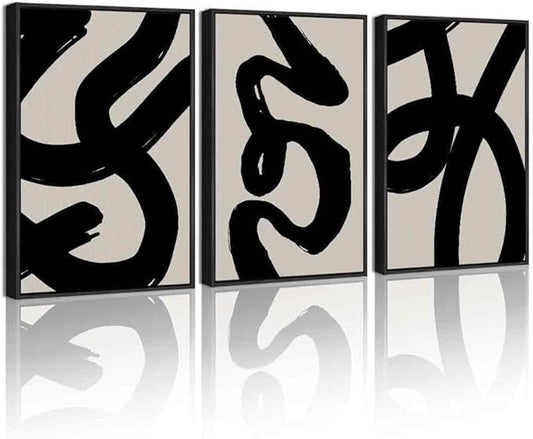 KUVIOKE Black Abstract Framed Wall Art Ink Wash Minimalist Lines Canvas Painting Artwork for Bedroom Hallway 12x16in (Black Framed)