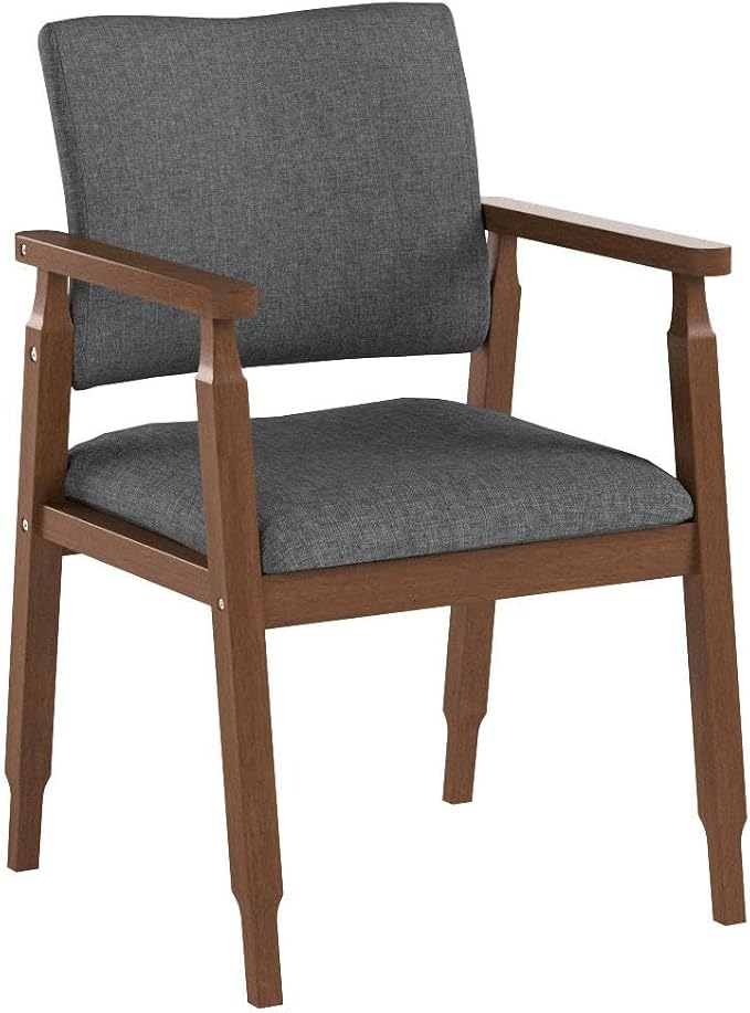 Set of 2 Mid Century Modern Walnut Dining Chairs Wood Arm Grey Fabric Kitchen Cafe Living Room Decor Furniture