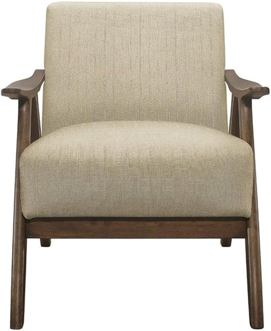 Lexicon Mid Century Modern Accent Chair with Solid Wood Frame in Walnut Finish, Upholstered Living Room Lounge Arm Chair, Thick and Comfy Innerspring Seat Cushion, Linen-Look Fabric, Light Brown