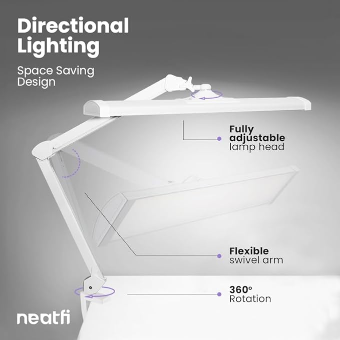 Neatfi LED Desk Lamp, 3,500 Lumens, 3 Light Modes, Dimmable, 45W, 26” Wide Shade, 540 SMD LEDs, Eye-Caring Task Lamp for Reading, Crafting, Workbench, Office (CCT with Clamp, White)