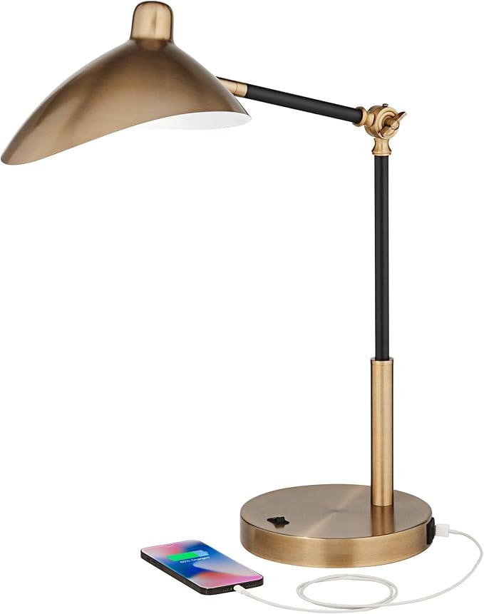 360 Lighting Colborne Mid Century Modern Industrial Desk Table Lamp LED with USB Charging Port 28" Tall Antique Brass Black for Living Room Bedroom House Bedside Nightstand Home Office