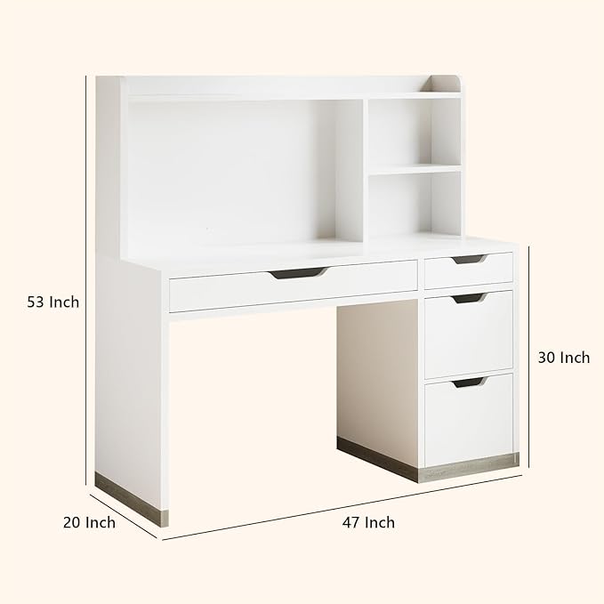 MaverickFurni White Desk with Hutch and Drawers, 53 Inch Computer Desk with Storage File Drawer, White Study Desk with 4 Drawers for Bedroom, Small Space