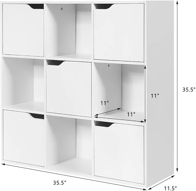 Giantex 9-Cube Storage Organizer, Storage Cabinet with 4 Open Cubes and 5 Cabinets, Freestanding Wooden Cubby Bookcase, Compartment Units for Home Office, 3-Tier Bookshelf for Books