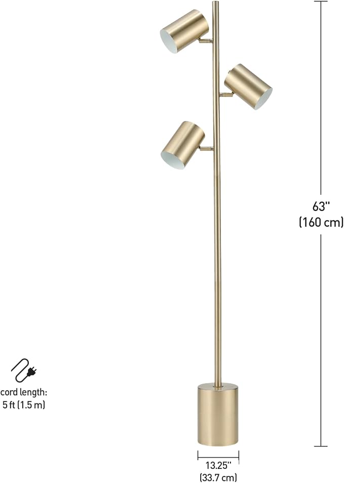 Globe Electric 67604 Pratt 63" 3-Light Floor Lamp, Matte Soft Gold, Large Weighted Base, Individual Rotary On/Off Switches on Shades