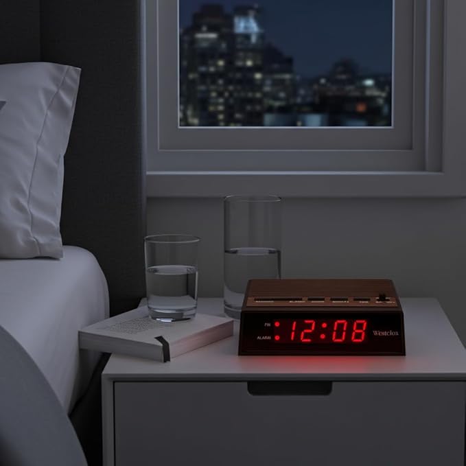 Westclox Retro Wood Style Small Night Table Alarm Clock with Red LED Display, 9-Minute Snooze, Battery Backup, Easy Electric Operation for Bedroom, Home or Office – Woodgrain