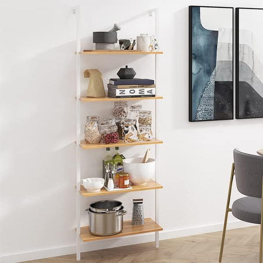 DlandHome Industrial Wall Mounted Shelves 5-Tier Ladder Shelves Bookcase Open Display Shelves with Metal Frame，Teak