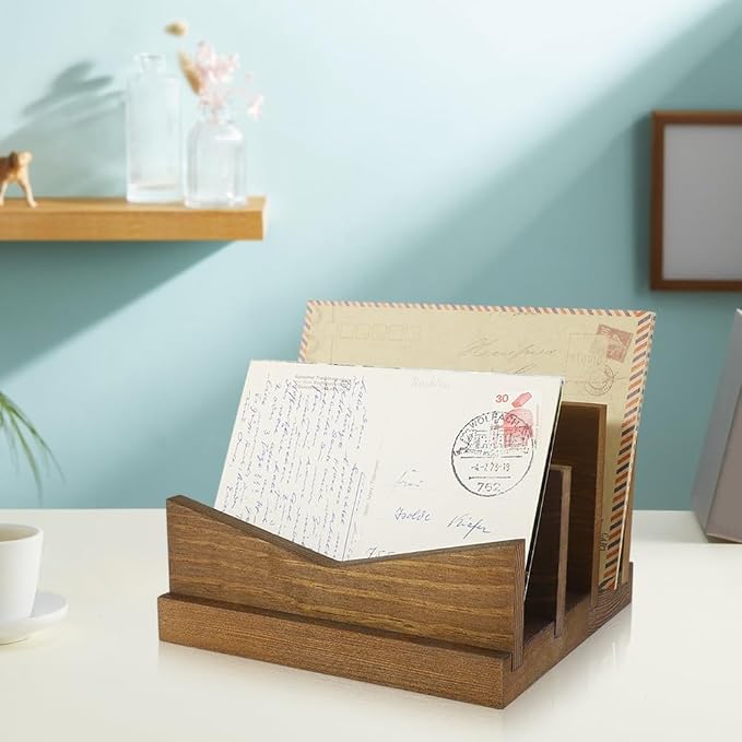 Picowe Desk Mail Organizer Wooden Mail Holder, 3 Slots Letter Holder Organizer Envelope Organizer for Home Office