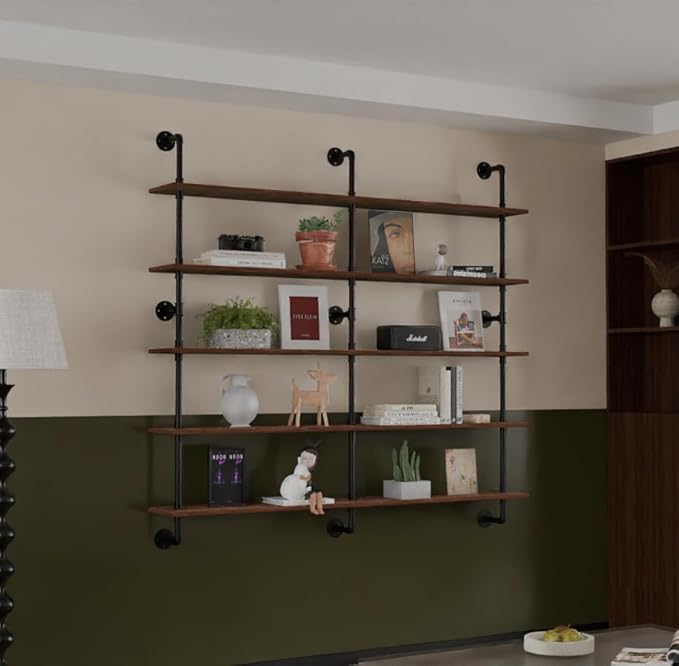 HDDFER Industrial Pipe Shelf Shelving Bookcase, Wall Mounted Rustic Bookshelf 60 Inch, Floating Bookshelves for Wall,Retro Wood Metal Pipe Industrial Shelves for Living Room