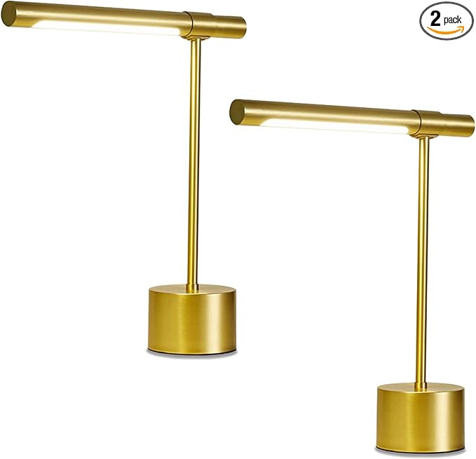 2 PACK I All-Brass Mid Century Desk Lamp - Modern Midas Gold Bankers Lamp Shade - 18-in LED Desk Light - Adjustable Gold Table Lamp - Study Desk Lamp - Bedside Reading Table Lamp - Polished Brass Lamp