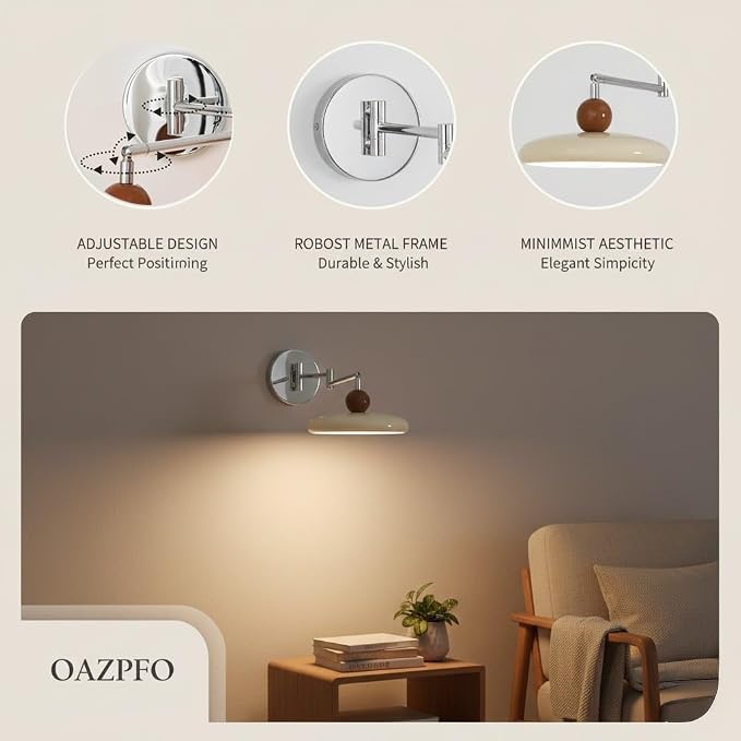 Mid-Century Modern Swing Arm Wall Sconce, Retro Space Age Adjustable Wall Lamp, Double Jointed Task Light for Bedroom Bedside, Reading Nook, Home Office, Study.(Beige)