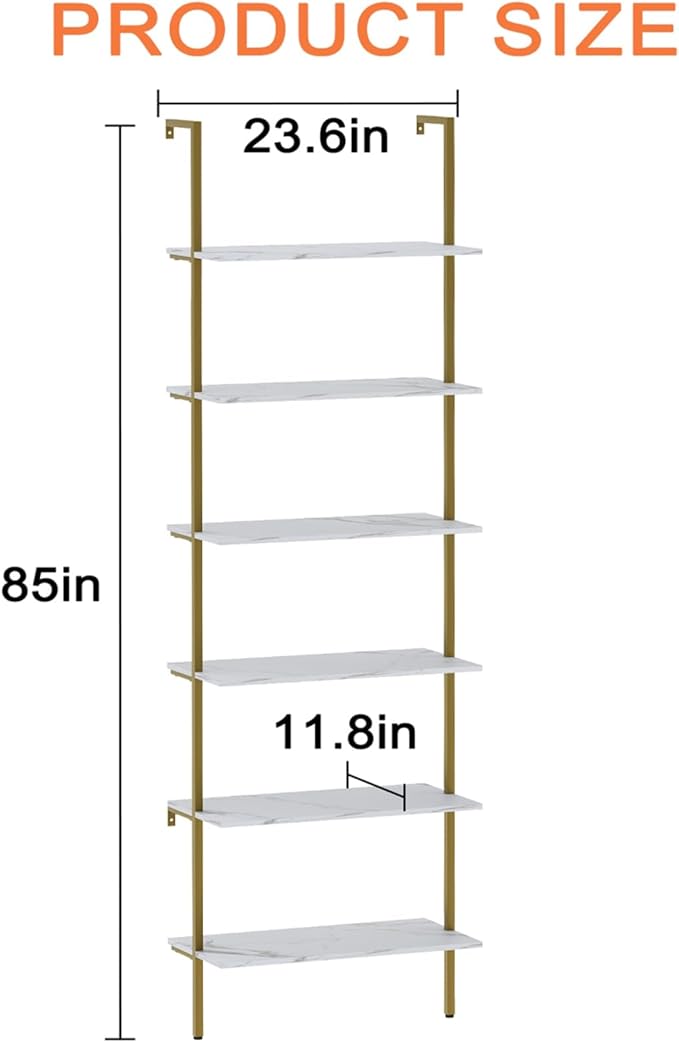 Wolawu Ladder Shelf 2PCS Wall Mounted Bookshelf 6 Tiers Marble White Modern Bookshelf Open Tall Wall Mount Bookcase Standing Leaning Wall Shelves Industrial Decorative Living Room Bed Room