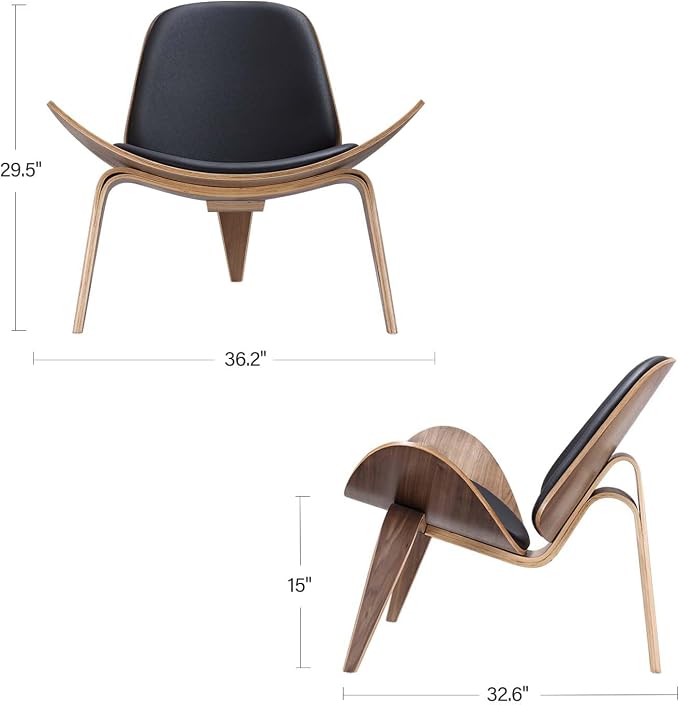 Mid Century Modern Shell Lounge Chair, PU Leather, Tripod Plywood Classic Design Solid Wood Accent Chairs for Living Room, Reading, Lounge, Office, Salon