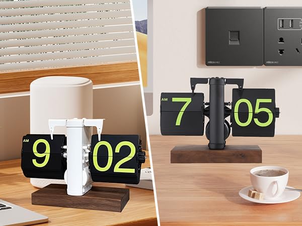 FOSA Flip Desk Clock, Retro Vintage Flip Desk Table Clock, Digital Clock Sided Large Numbers Mechanical Flip Clock Wood Base for Living Room, Study Room and Office（Frosted White）