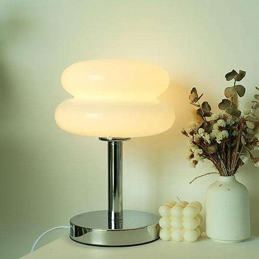 Meefad Mid Century Modern Glass Table Lamp, Mushroom Lamp for Bedroom, Cute Table Lamps, Elegant Night Light for Living Room in White