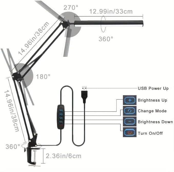 LED Desk Lamp with Eye-Caring 3 Modes 10 Brightness, Adjustable Swing Arm Long Flexible Lamp for Office Workers and Students, USB Port