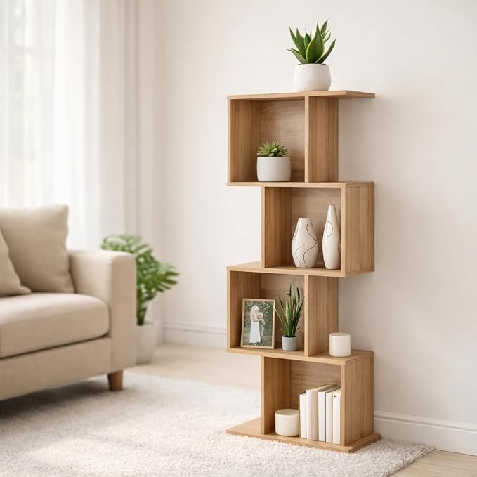 Bookcase, Bookshelf, Freestanding Display Storage Shelves Open Bookcase for Bedroom, Small Bookshelf for Living Room and Office (Natural, S-Shaped)