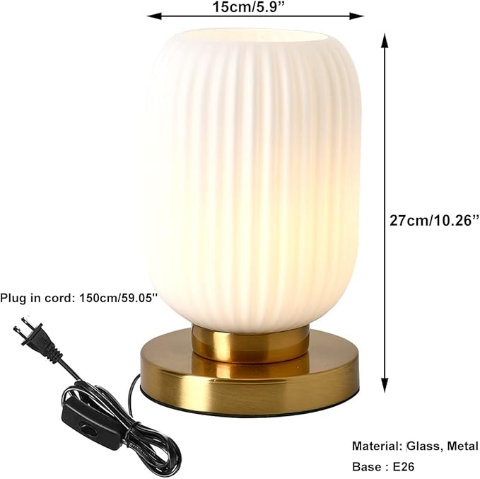 Modern Glass Table Lamp with Ribbed Shade, White, 10.6 x 5.9 inches, E26, for Bedside Bedroom Living Room Office
