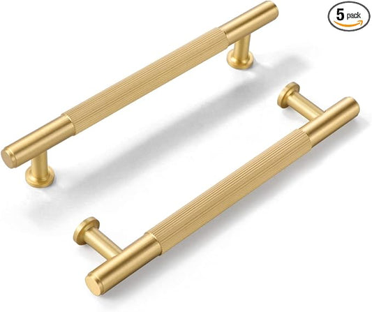 SALISENG-5 Pack Brushed Gold Cabinet Handles, Solid Brass Kitchen Drawer Pulls, 5 Inches Furniture Door Handles for Cupboard Bedroom Wardrobe(Arina)