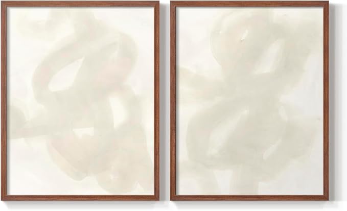 Renditions Gallery Set of 2 Peel & Stick Framed Prints, Abstract Wall Art, Beige and White Aesthetic Wall Decor, Re-Stickable - Ready to Hang - 22"x28" - Walnut Frame LT588