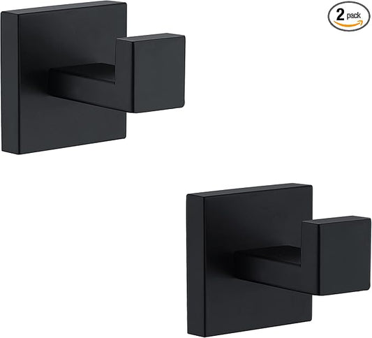 Towel Hooks for Bathrooms, Matte Black Towel Hook for Kitchen Bathroom, SUS304 Stainless Steel Coat Hook, Heavy Duty Towels Holder Hooks for Hanging, 2 Pack