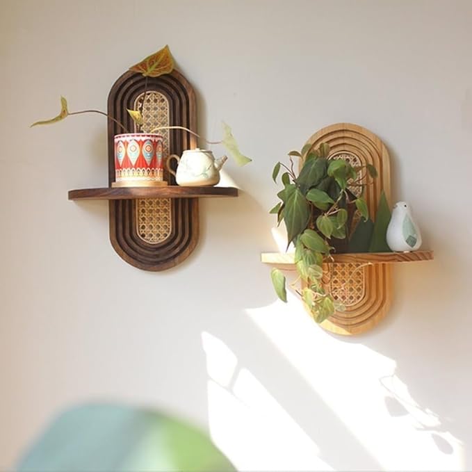 Arch Rattan Floating Shelf, Mid-Century Wood Wall Mounted, Bohemian Hanging Shelf, Modern Rattan Wall Shelf, Arch Wall Decor for Bedroom Living Room Display(Nature)