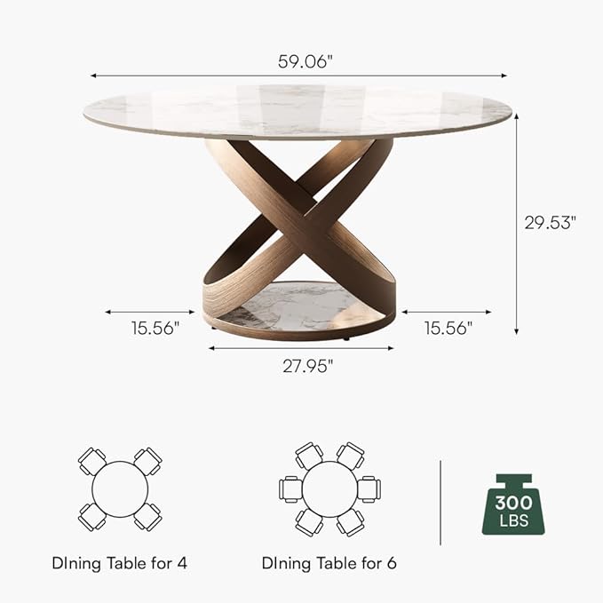 POVISON 59" Modern Round Dining Table, White Round Kitchen Table for 6, Sintered Stone Dining Room Table top with Bronze X Carbon Steel Base (Dining Table Only)