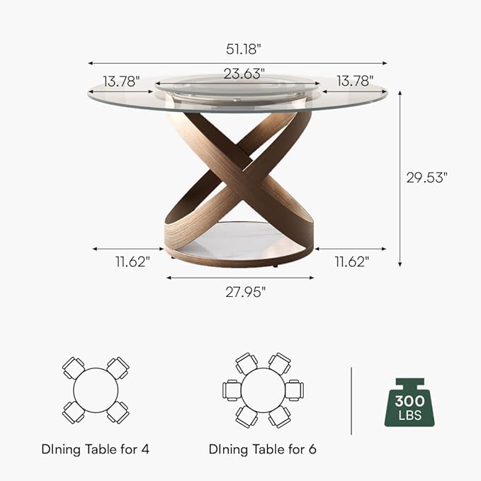 POVISON 51" Modern Round Dining Table with Lazy Susan, Glass Round Kitchen Table for 4, Tempered Glass Dining Room Table top with Bronze X Carbon Steel Base (Dining Table Only)