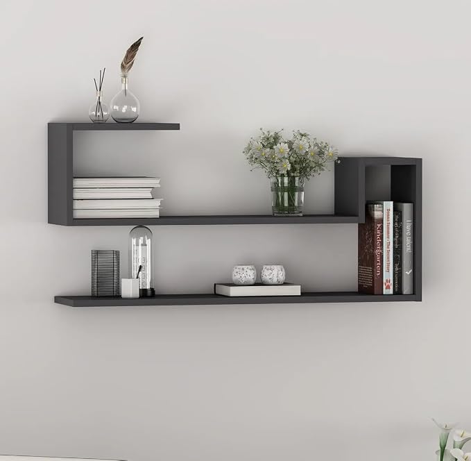 Geometric Wall Shelf: Modern MDF Floating Bookshelf (Anthracite)
