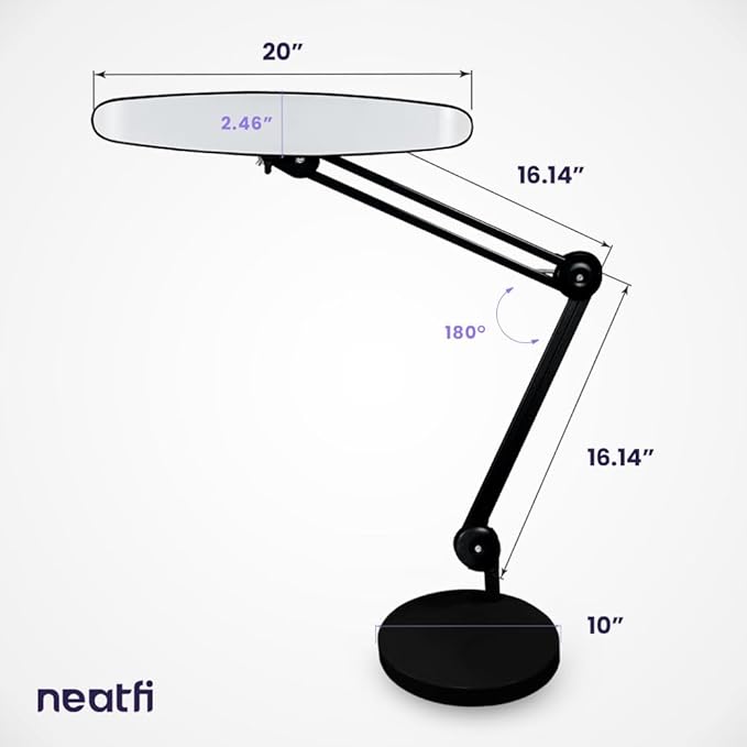 Neatfi XL Nail Desk Lamp with Clamp, 2200 Lumens, 20-Inch Wide Head, Dimmable 4 Levels, 6500K, LED Task Light for Manicure Table, Crafts, Workbench, Office (Non-CCT with Base, Black)