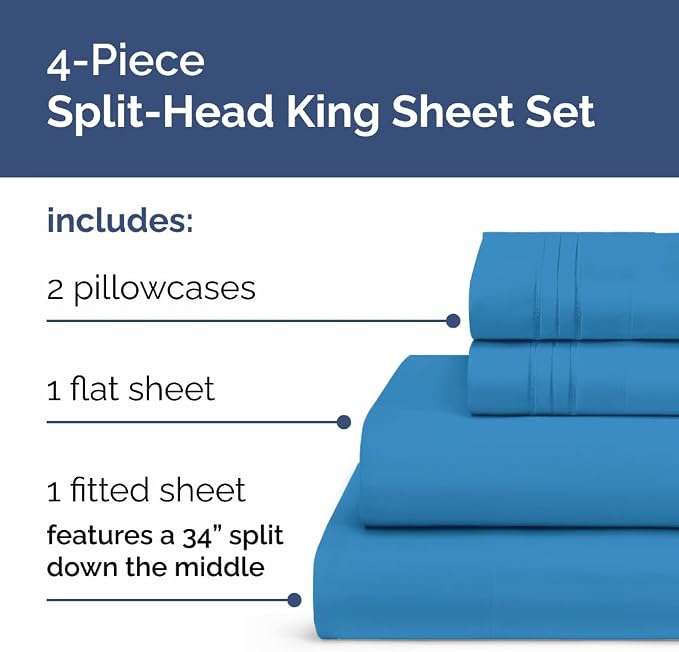 Flex Top Split Head King 4 Piece Sheet Set - Ultra-Soft, Breathable & Cooling Bed Sheets Set - Hotel Luxury Bedding for Women & Men with Deep Pockets - Wrinkle and Fade Free - Oeko-Tex - Denim Blue