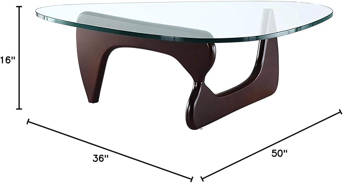 EMODERN FURNITURE - Mid-Century Modern Style Coffee Table Glass Top Hardwood Base (Dark Walnut)
