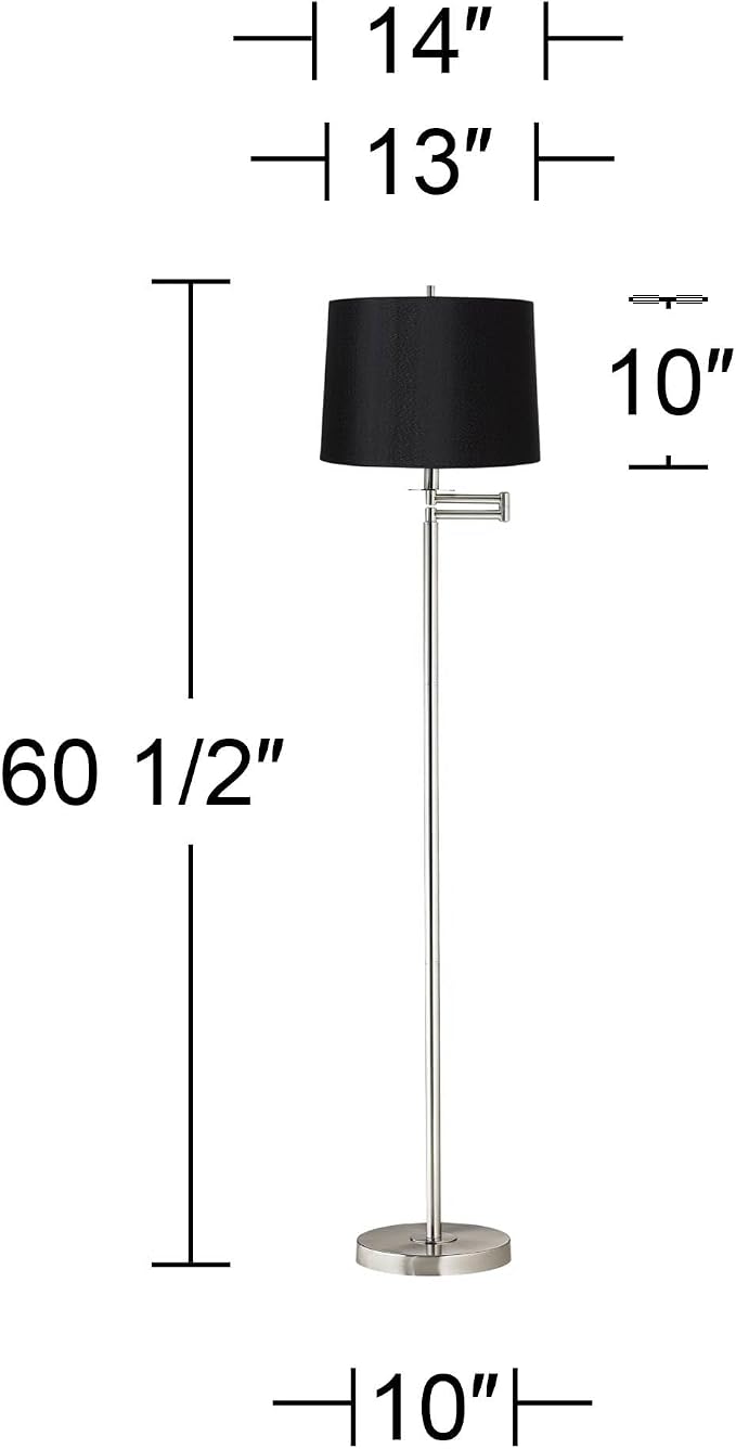 360 Lighting Modern Swing Arm Floor Lamp Standing 60 1/2" Tall Brushed Nickel Silver Adjustable Black Hardback Drum Shade Decor for Living Room Reading House Bedroom Office